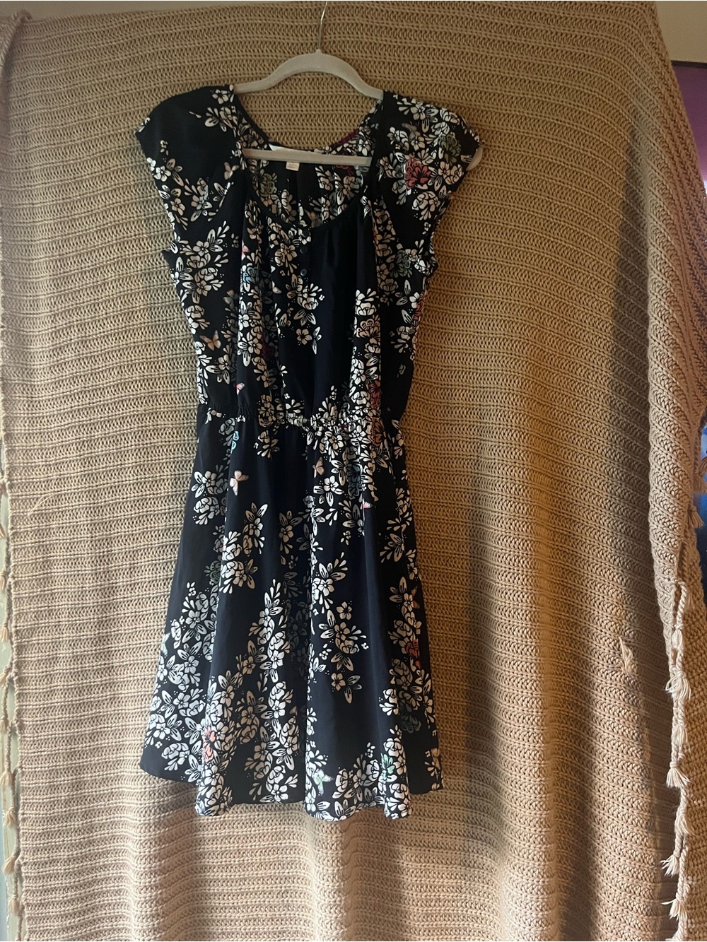LC Lauren Conrad Black Floral Short-Sleeve Mini Dress with White & Pink Accents
